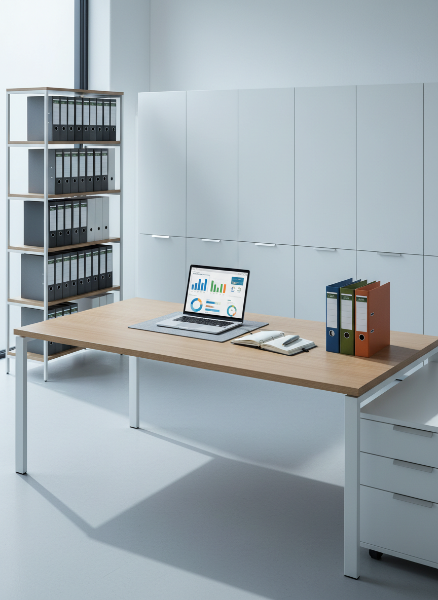 A modern administrative workspace seen from a slightly elevated angle, featuring a large light oak desk with a neatly arranged laptop displaying an abstract dashboard of charts and folders, a stack of color-coded binders, and an open planner with a metal fountain pen resting across it. Around the desk, tall white filing cabinets with subtle metallic handles line the wall, and a minimalist bookshelf holds labeled document boxes. Cool daylight from a large unseen window creates soft, even illumination and gentle shadows, enhancing a calm, organized atmosphere. Photographic realism with sharp focus throughout, clean and modern composition, conveying professional, reliable administrative management without any human presence.