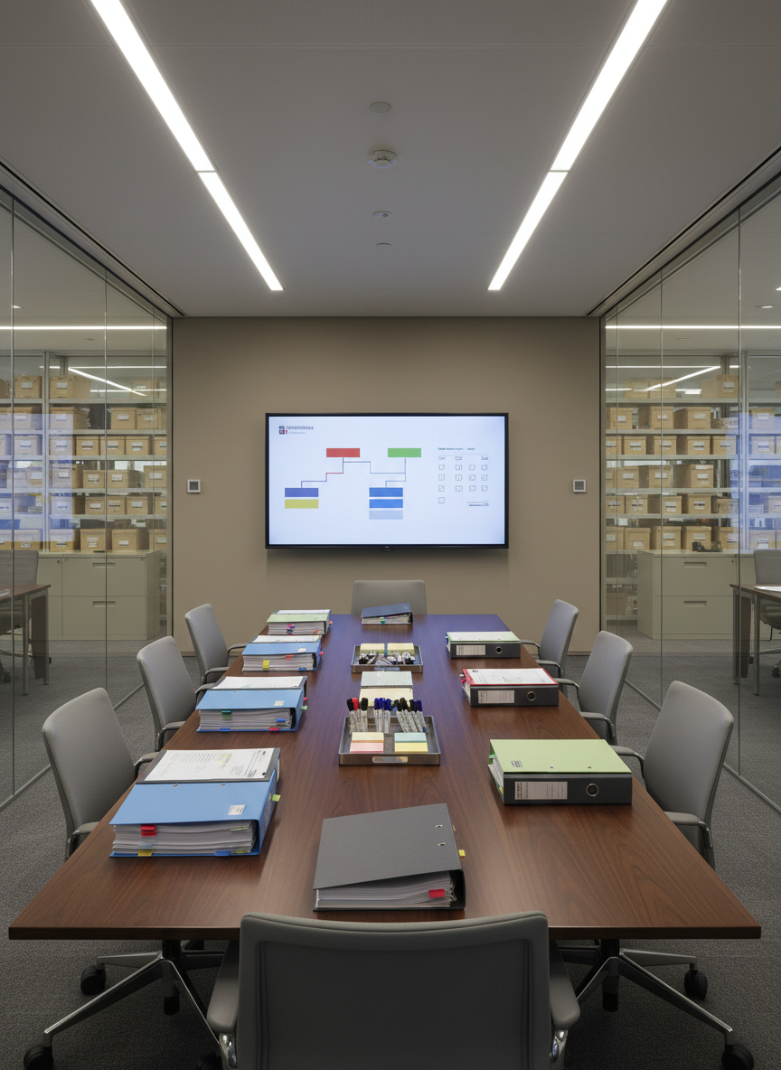 A professional meeting room dedicated to administrative planning, photographed from a wide-angle perspective. A long, dark wood table is carefully set with neatly stacked reports, color-coded binders, and a central tray containing sticky notes and fine-tip markers. At one end of the table, a large wall-mounted screen displays an abstract schedule and checklist interface without readable text. Glass walls reveal shelves of archival boxes and filing cabinets in the adjacent office area. Neutral-toned walls and a subtle grey carpet reinforce a serious, corporate environment. Balanced overhead LED lighting produces even, shadow-free illumination, creating a focused, methodical atmosphere aligned with high-level administrative coordination and document oversight.