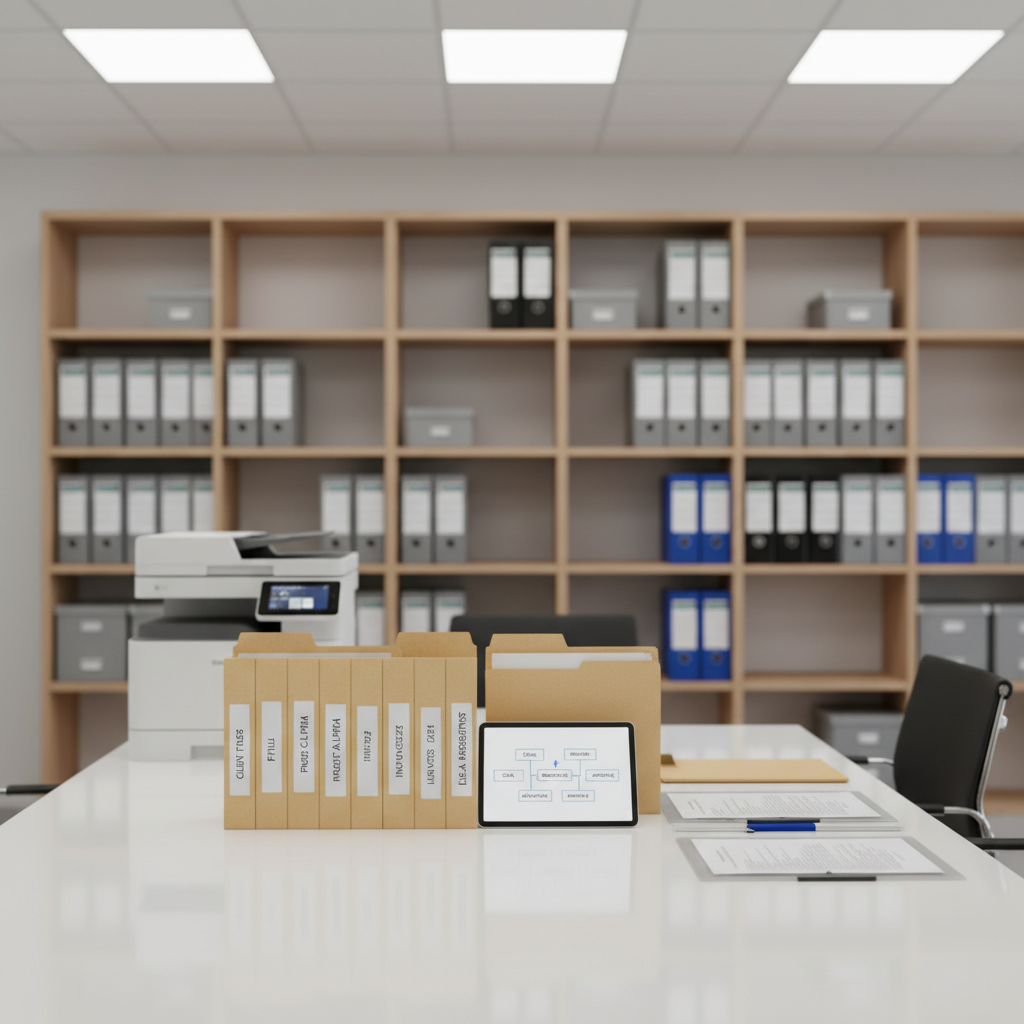 A meticulously organized document management scene on a sleek white conference table, captured in photographic realism from an eye-level perspective. In the foreground, a series of labeled manila folders and transparent document sleeves are perfectly aligned beside a slim tablet showing a simplified document workflow diagram. A compact multifunction printer sits to the side with an output tray of freshly printed pages. In the background, slightly out of focus, high shelves hold uniform storage boxes and ring binders. Soft diffused office lighting from overhead panels casts minimal shadows, creating a clear, efficient mood that communicates structured administrative assistance for businesses and individuals.